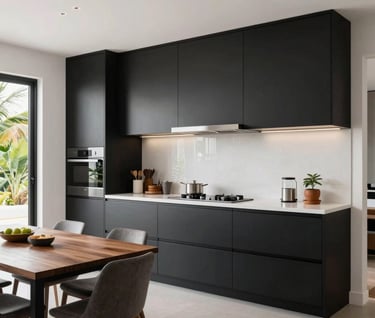 A horizontal wide shot of a modern kitchen and dining area in a South American / Brazilian luxury home. High-end matte black cabinetry contrasts with pure white walls. Large windows show a hint of tropical greenery outside. The composition is balanced and extremely clean.