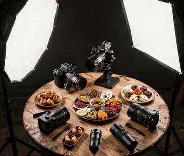 Overhead shot of a photography lighting setup around a rustic table with Middle Eastern / Arabic artisanal food, dark and light contrasts, professional gear, cinematic mood.