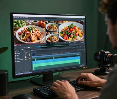 A professional visual creator's hands working on a video editing suite, the screen showing a vibrant food montage, moody studio lighting in a modern Middle Eastern creative space, forest green and silver tones.