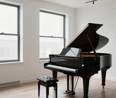 An interior photograph of a modern North American / US vocal studio. The room is minimalist with white walls, a sleek black grand piano, and soft natural light from large windows, conveying a sense of artistic integrity.