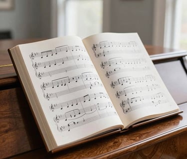 A refined, minimalist photograph of an open musical score on a wooden piano stand. The sheet music is crisp and white, with the surrounding room in soft gray tones. Natural light from a window in a North American / US residence.