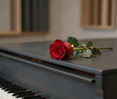 A minimalist artistic photograph showing a singular red rose on top of a dark gray piano in a North American music studio, soft natural lighting.