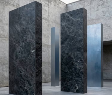 An outdoor contemporary art installation in a brutalist courtyard. Large geometric pillars in dark slate gray and light steel blue stand against a textured concrete wall. The lighting is low-key, dramatic, and very modern.