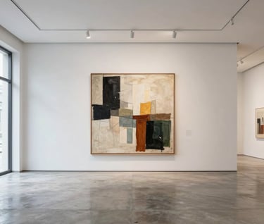 Wide angle photography of a bright minimalist gallery in Latinoamericano / Español, featuring a large abstract artwork on an off white wall, polished concrete floor, elegant architectural lighting.