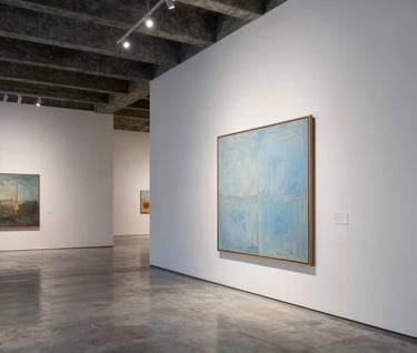 An wide-angle shot of a modern art gallery interior, polished concrete floors, dark slate accents on the ceiling, one single large painting with pale blue tones on the main wall, sophisticated Latinoamericano / Español architectural style.