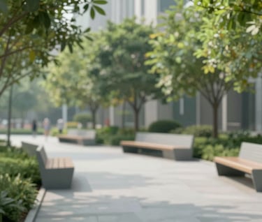A digital rendering of a green urban space with minimalist benches and structured trees, using a muted brand-aligned palette.