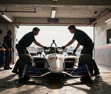 Low-angle dynamic shot of an IndyCar being serviced during a pit stop in a North American race, mechanics in synchronized motion, dramatic backlighting creating silhouettes against the off-white concrete of the pit box, high-speed photography style.