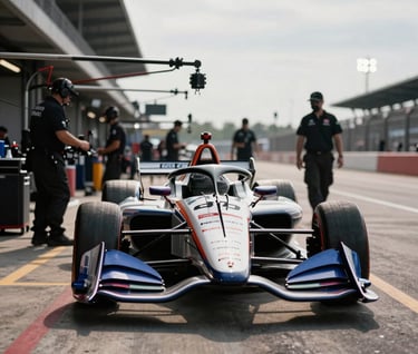 An atmospheric shot of an IndyCar pit lane in the North American / US afternoon. Mechanics are seen in the background as silhouettes against the bright track light. Professional, clean composition with a focus on the gritty environment of elite motorsport.
