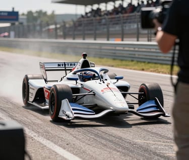A behind-the-scenes photography perspective of an IndyCar speeding past a trackside camera position. Low-angle shot, focusing on the heat shimmer rising from the asphalt in a North American / US racing setting.