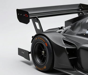 Clean, minimalist shot of a race car wing showing aerodynamic carbon fiber details, soft studio-style lighting, professional stock photo aesthetic.
