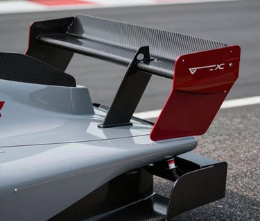 Extreme close-up of a carbon fiber aerodynamic wing on a modern race car, light gray and deep red accents, professional trackside studio lighting, sleek and sharp.