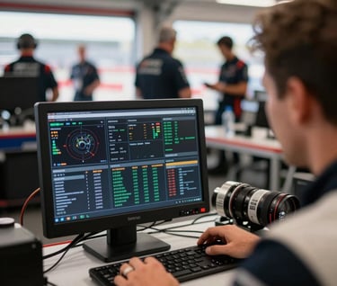 A candid photography shot from the paddock of a technical engineer at a North American / US race, focusing on a high-tech telemetry screen displaying complex data, shallow depth of field with the busy garage blurred in the background.
