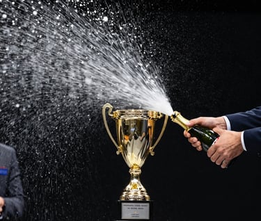 Vertical shot of a trophy ceremony, spraying champagne captured in mid-air with high speed shutter, bright light, North American / US podium celebration.
