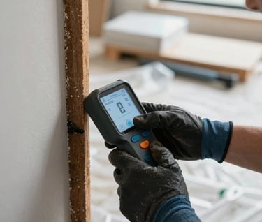 Close-up wide shot of a crew member's gloved hands pressing a moisture meter against a dark-stained wall stud, staging materials and plastic sheeting blurred in the background, natural daylight from a nearby window