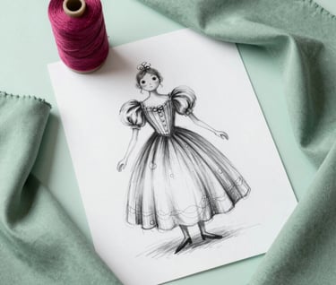 An overhead flat-lay photograph on a pale mint surface in a Western / Global studio. The composition includes a hand-drawn charcoal sketch of a whimsical dress, a spool of dark magenta thread, and several sage green fabric swatches. Professional, creative workspace lighting.
