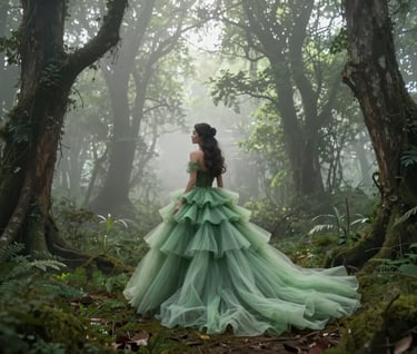 A whimsical wide shot of a person in a full-skirted gown made of layered soft green tulle, standing in a misty, enchanted Western / Global woodland. The light filters through the trees in ethereal rays.