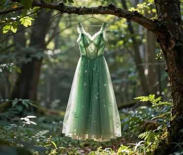 An enchanting scene of a forest green dress hanging from a low tree branch in a sunlit Western / Global clearing. The dress seems to glow with a magical, whimsical light.