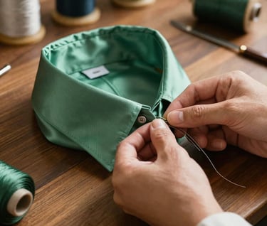 Detail shot of a seamster's hands working on a soft green silk collar, Western / Global, enchanting studio atmosphere with shimmering threads on a wooden table.
