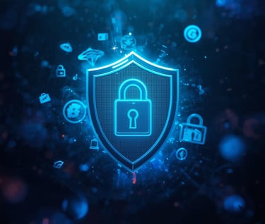Glowing blue cyber security shield with a padlock icon representing data protection and digital privacy.