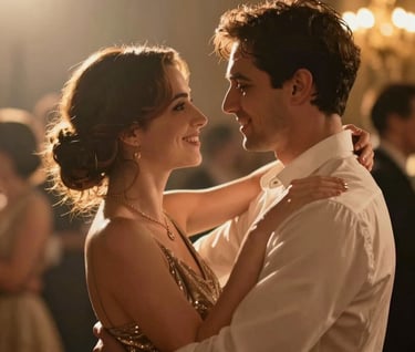 A cinematic shot of a couple's first dance, authentic joy on their faces, surrounded by a soft golden blur and sun flares.