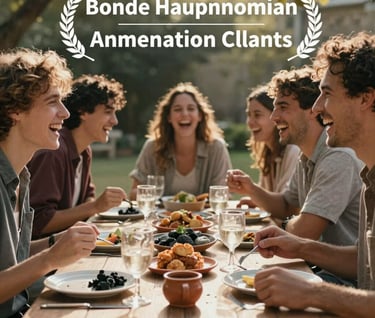 A group of friends sharing a meal outdoors, laughing heartily. The composition is candid and cinematic, with warm sunbeams filtering through leaves. The table setting includes subtle charcoal and terracotta accents.