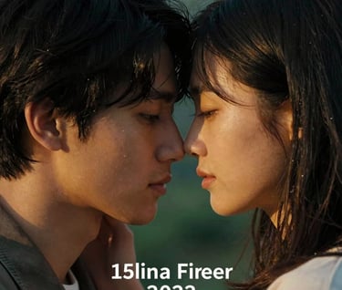 A quiet, cinematic moment of a couple whispering and leaning their foreheads together. The lighting is warm and directional, creating a soft glow on their faces, with hints of teal green in the environment.