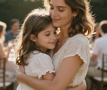 A warm, sun-drenched embrace between a mother and daughter at a backyard celebration. The lighting creates a soft halo effect, emphasizing the authentic emotional connection and cinematic lifestyle aesthetic.