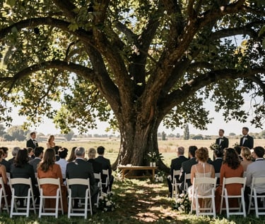 A wide, cinematic shot of an outdoor wedding ceremony under a large tree, sunbeams filtering through leaves, guests in charcoal and terracotta clothing.