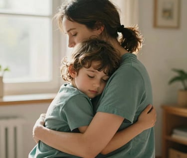A medium shot of a mother hugging her child in a sunlit room. The mother's shirt is a soft teal green. The lighting is ethereal and warm, focusing on the genuine human connection.