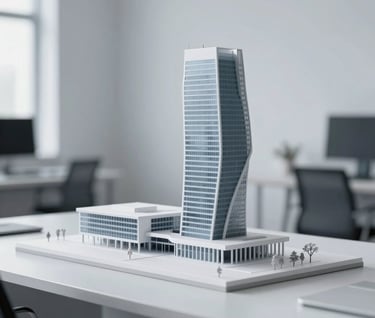 An architectural model sitting on a designer's desk, showcasing a complex cantilevered building design in a clean and modern studio environment, using #FBF9F6 and #6B6760 colors.