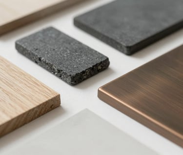 A close-up, high-angle shot of physical architectural material samples. Pieces of smooth charcoal stone, light beige oak wood, and brushed bronze metal are arranged neatly on a clean white surface. Soft, natural daylighting creating subtle shadows. Professional, minimalist composition reflecting brand colors #6B6760 and #D9D2C7.