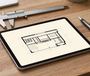 A technical architectural drawing or section plan displayed on a modern tablet lying on a wooden desk. Beside it, a set of precision calipers and a fine-liner pen. The drawing shows clean black lines on a light beige background. Professional, focused, and elegant aesthetic.