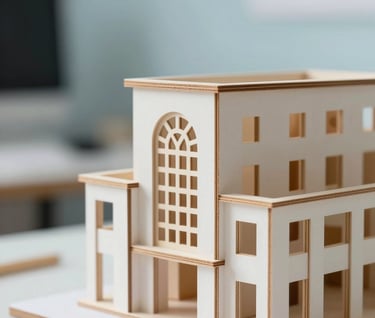 A close-up of an intricate architectural scale model made of light wood and white card. The background is a blurred design studio in #FBF9F6. Precise and confident focus on detail.