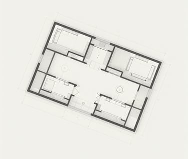 A clean, technical architectural drawing or site plan of a building's ground floor. Precise #2F2E2E lines on a #FBF9F6 background. Minimalist and professional, showcasing the project's structural planning and precision.
