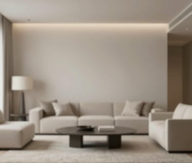 An interior shot of a minimalist living space with high-end furniture, featuring a neutral color palette of beige and light gray, with soft lighting and sophisticated atmosphere.
