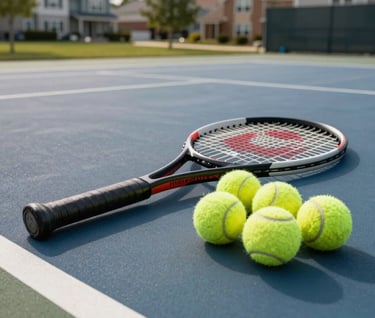 A high-end tennis racket and a sleeve of tennis balls resting on a clean, modern court surface in a North American suburban park.
