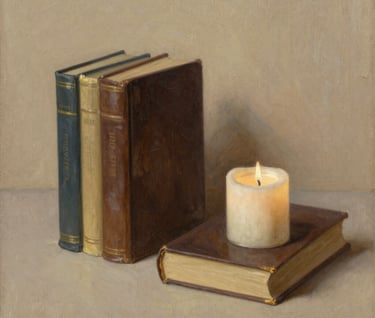 An elegant still-life oil painting of books and a candle, rendered in a sophisticated North American style with warm light beige and dark brown tones.