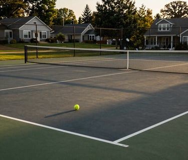 Photography of an outdoor tennis court in a quiet North American neighborhood during golden hour, long shadows across the court, a single tennis ball near the net, serene and focused atmosphere.