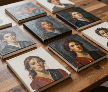 A professional photograph of a series of small, unframed canvas paintings arranged neatly on a wooden table. The art pieces feature vibrant yet sophisticated colors like warm charcoal and alabaster, showcasing a blend of academic discipline and creative spirit.
