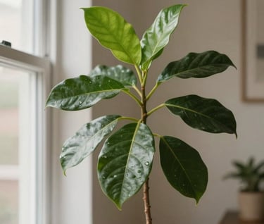An aesthetic photography shot of a green houseplant near a window in a contemporary North American home, symbolizeing growth and discovery, soft focus background, light beige walls, sophisticated mood.