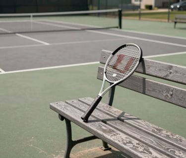 A bright photography shot of a tennis court in a North American suburban park, with a professional tennis racket resting on a bench, clean composition, crisp sunlight, incorporating stone grey and charcoal brown colors.