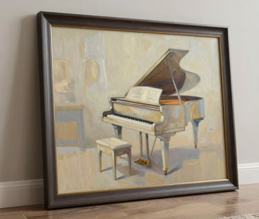An elegant photograph of a finished oil painting in a slim warm charcoal frame. The art depicts a serene, abstract piano motif using sophisticated shades of alabaster and sand, leaning against a neutral-toned wall in a well-lit North American home.