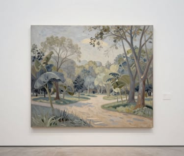 A bright, clean photograph of an impressionist-style landscape painting depicting a lush North American park scene. The artwork uses a soft palette of mist grey and muted sand, displayed on a minimalist white wall in a gallery setting.