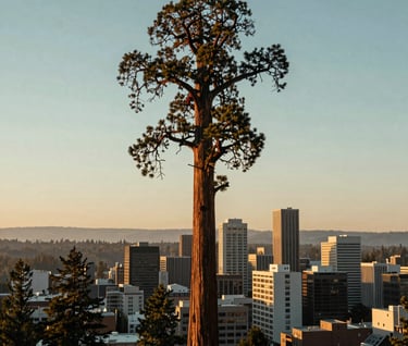 A serene aerial view of a Giant Sequoia rising like a natural skyscraper above the Eugene urban skyline. The sunset in the US Pacific Northwest casts a warm glow, reflecting muted steel blue and misty pale green tones in the sky. Calm, majestic mood.
