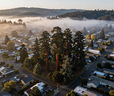 A wide-angle aerial landscape of Eugene, Oregon, with several towering sequoias visible among the neighborhood rooftops. The mood is serene and professional, captured on a misty US Pacific Northwest morning.