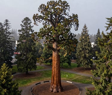 A wide-angle aerial photograph of a Giant Sequoia standing in an urban park in Eugene, Oregon. The tree is surrounded by much smaller deciduous trees and park benches, emphasizing its immense scale. Pacific Northwest atmosphere with misty, slate gray morning light.