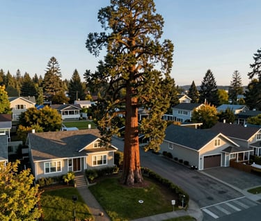 A wide aerial shot of a residential street in the North American Pacific Northwest where a giant sequoia sits in a backyard, dwarfing the two-story house beside it. Late afternoon light casting long shadows.