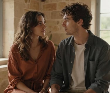 A cinematic portrait of a couple in a quiet moment, looking at each other. Soft, sun-bathed interior of a European / French stone house. Earthy tones of terracotta and charcoal. Warm, intimate atmosphere with natural lighting.