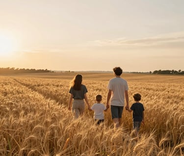 Wide cinematic shot of a family walking through a golden wheat field during sunset, European landscape, soft breeze, hazy warm atmosphere, natural and authentic storytelling style.