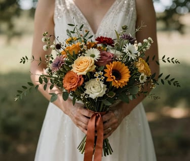 Close up detail shot of a bride's hands holding a wildflower bouquet with terracotta ribbons, sun dappled through trees in a European countryside setting, soft focus, warm cinematic photography.